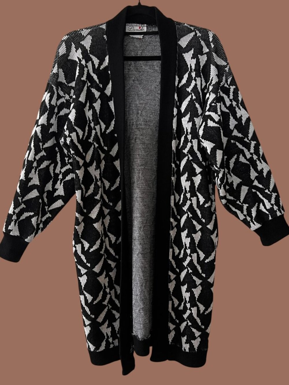 Vintage 80s Long Open Cardigan with Pockets, Abstract, Geometric, Size Medium